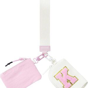 Initial Dual Pouch Wristlet Keychain Mini Zip Around Wristlet Wallet Coin Purse